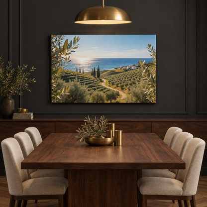 Mediterranean olive grove coastal landscape canvas in a charcoal dining room with walnut table - Portugal Canvas Co