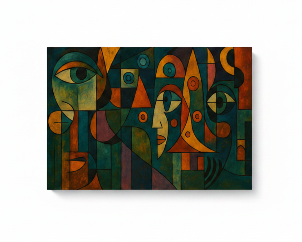 Colorful cubist faces abstract canvas wall art floating on white background in deep teal orange gold and earthy tones - Portugal Canvas Co