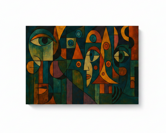 Colorful cubist faces abstract canvas wall art floating on white background in deep teal orange gold and earthy tones - Portugal Canvas Co
