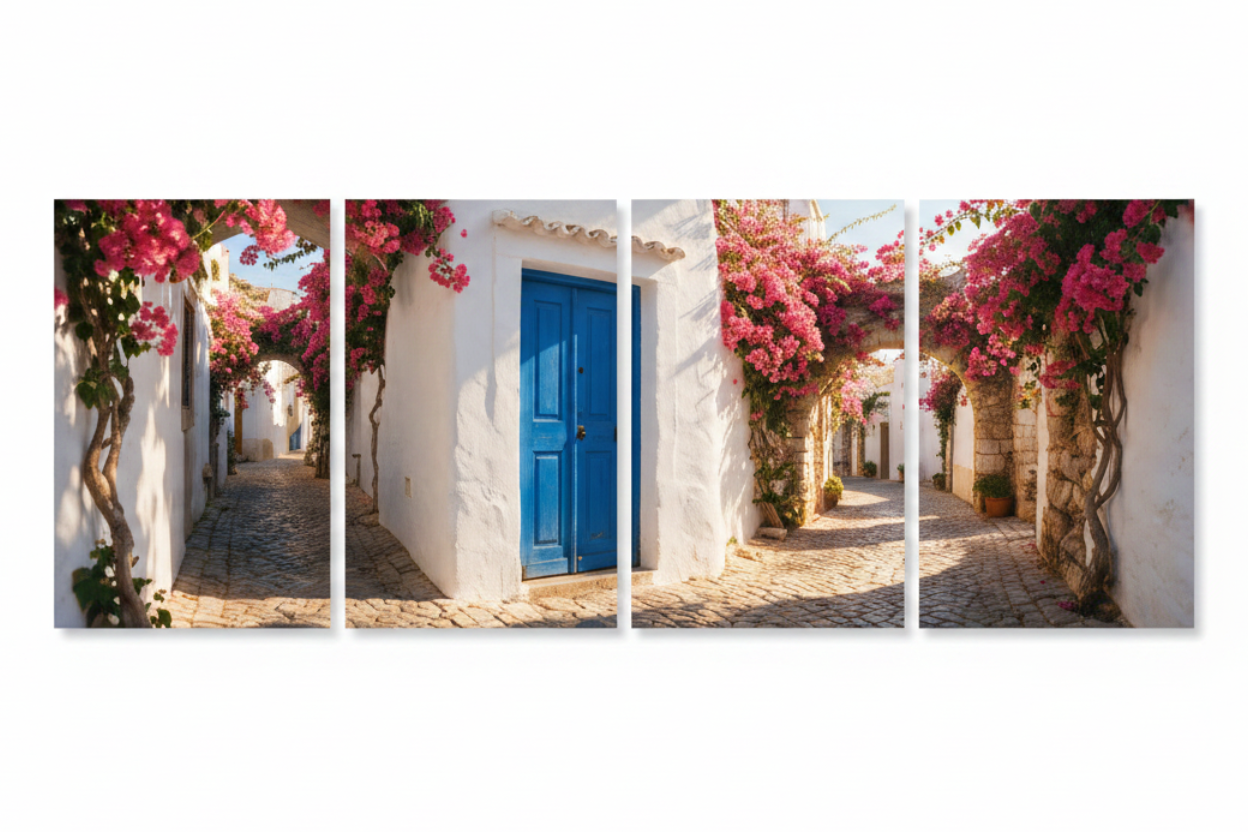 Four-panel Albufeira Old Town canvas wall art on a pure white background - Portugal Canvas Co