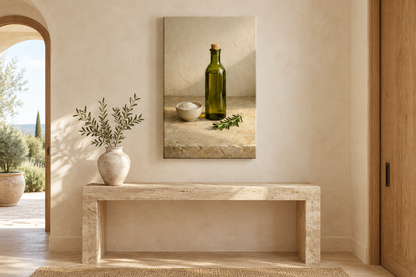 Olive oil bottle and rosemary portrait canvas above a travertine console in an elegant entrance hall - Portugal Canvas Co