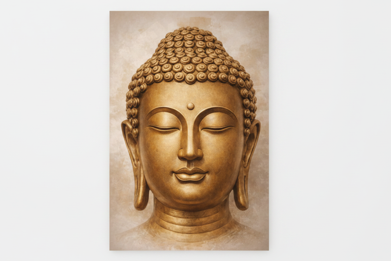 Golden Buddha face close-up portrait canvas print flat lay on white background - Portugal Canvas Co