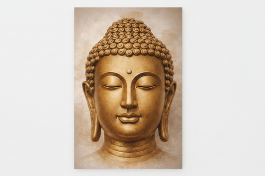 Golden Buddha face close-up portrait canvas print flat lay on white background - Portugal Canvas Co