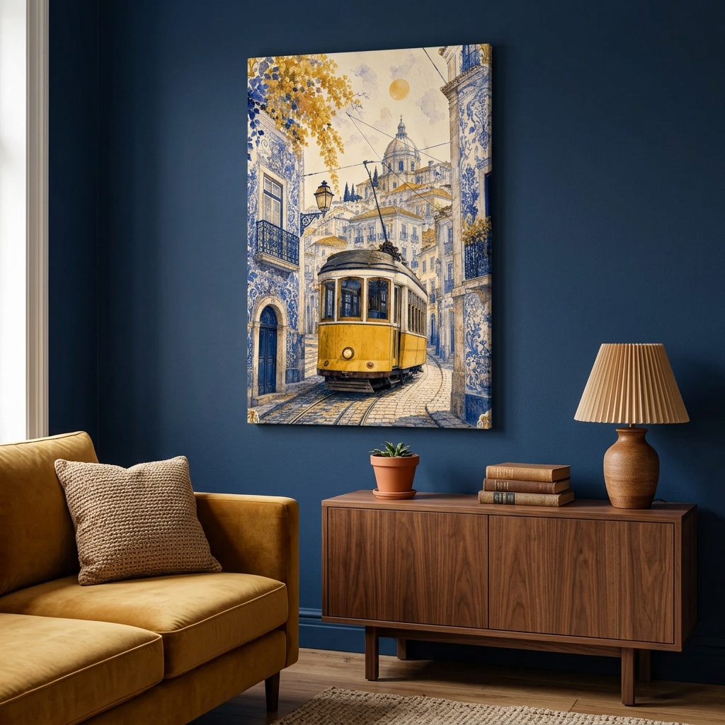 Yellow Lisbon tram canvas with blue azulejo buildings in a navy living room - Portugal Canvas Co