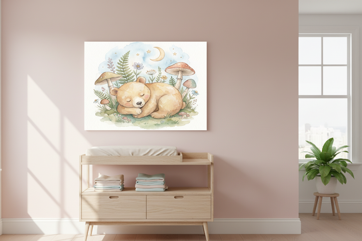 Sleeping baby bear nursery canvas wall art on a pastel pink nursery wall above a changing table - Portugal Canvas Co
