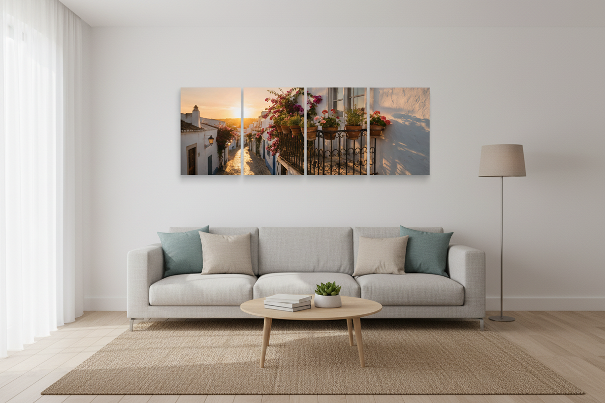 Old Town Albufeira four-panel canvas wall art in a living room - Portugal Canvas Co