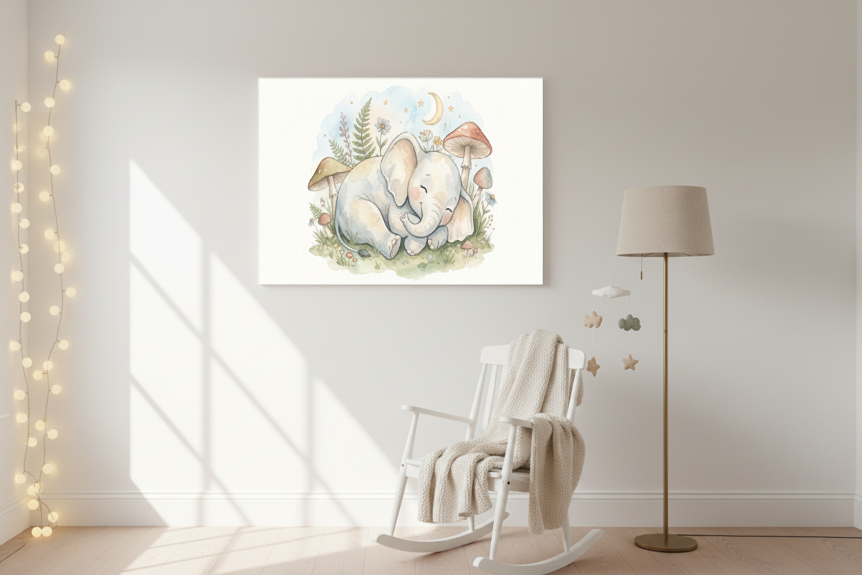Sleeping baby elephant nursery canvas wall art above a rocking chair in a cozy nursery reading nook - Portugal Canvas Co