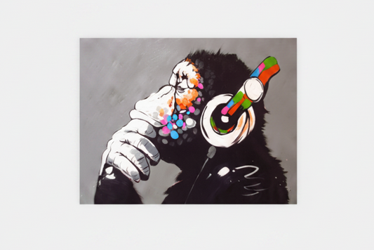 Graffiti street art DJ monkey chimp with colourful headphones canvas wall art print flat lay on white background - Portugal Canvas Co