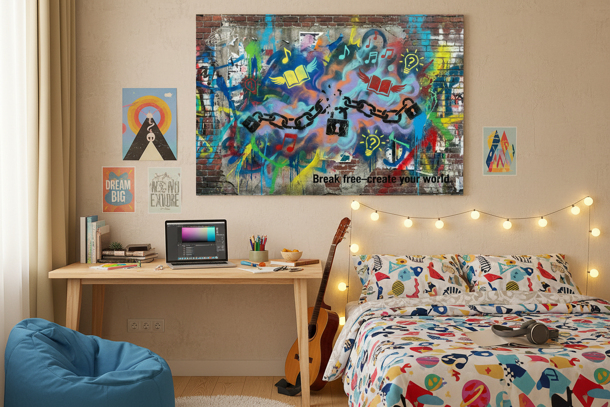 Break Free Create Your World graffiti canvas print displayed in a youthful student bedroom with string lights and colourful bedding - Portugal Canvas Co