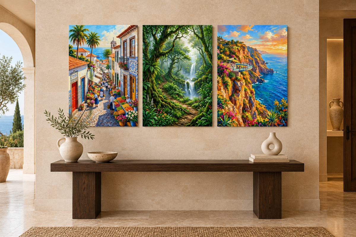Village street, forest waterfall and coastal cliffs three-panel canvas above an oak console in a limestone hall - Portugal Canvas Co