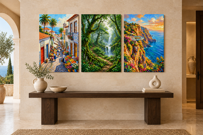 Village street, forest waterfall and coastal cliffs three-panel canvas above an oak console in a limestone hall - Portugal Canvas Co