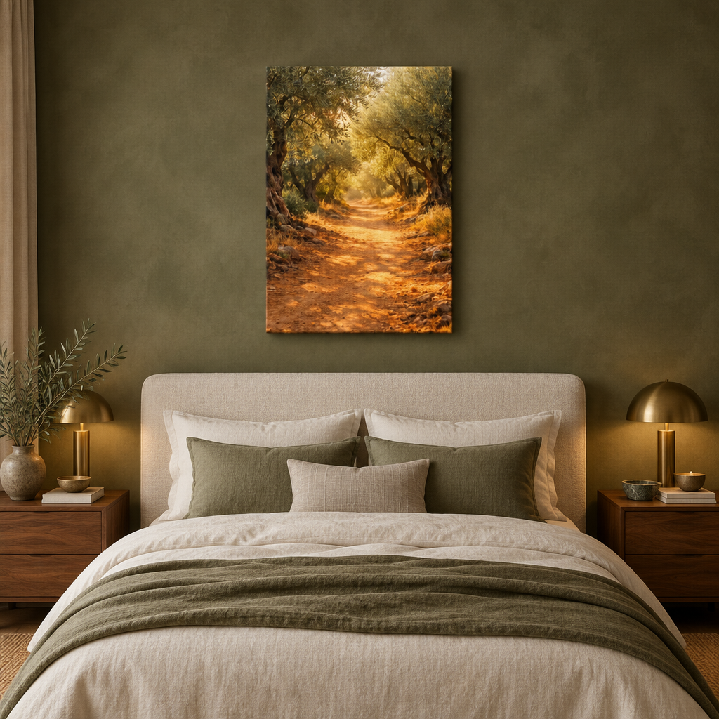 Sunlit olive grove path canvas above an ivory bed against an olive green bedroom wall - Portugal Canvas Co
