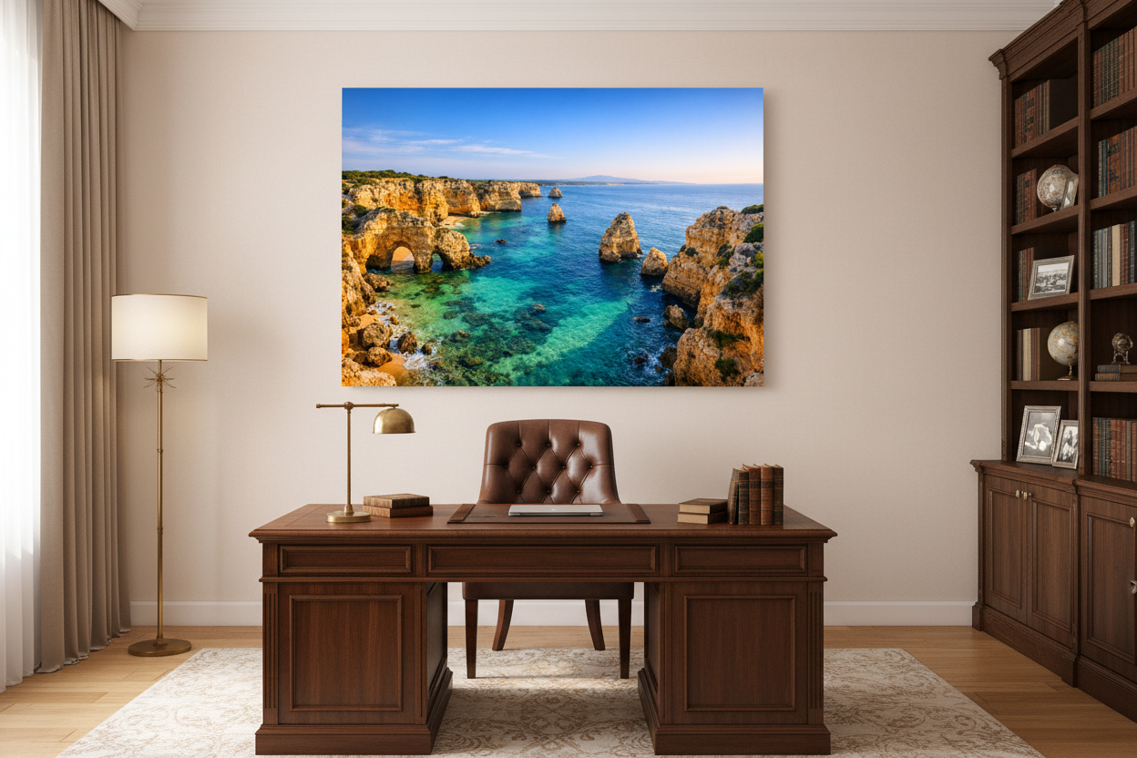 Praia da Marinha Algarve golden cliffs and turquoise ocean canvas wall art displayed in a sophisticated home study with warm lamp lighting - Portugal Canvas Co