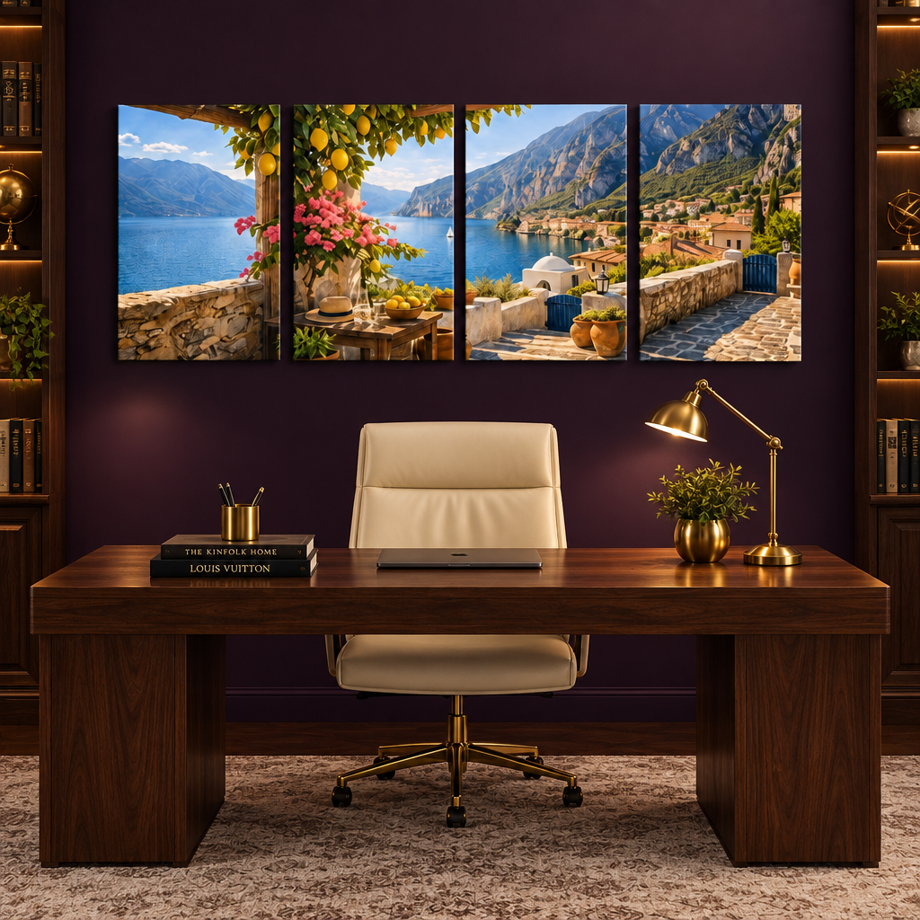 Mediterranean terrace four-panel canvas set above a walnut desk in a purple office - Portugal Canvas Co