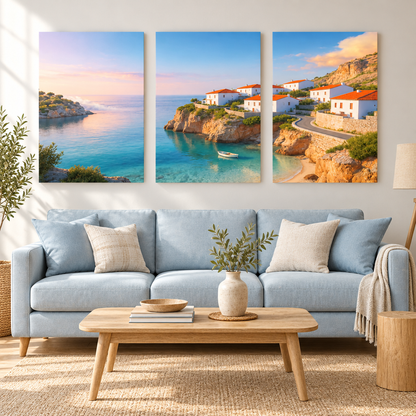 Three coastal village canvas panels above a pale blue sofa in a bright living room - Portugal Canvas Co