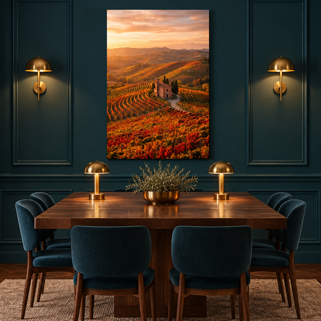 Portrait vineyard sunset canvas in a teal dining room with brass lamps - Portugal Canvas Co
