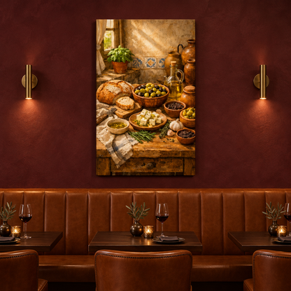 Mediterranean food still-life canvas on a burgundy wine lounge wall above a cognac leather banquette - Portugal Canvas Co
