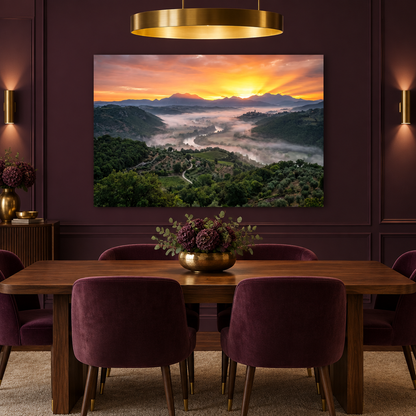 Golden valley sunrise landscape canvas in an aubergine dining room with brass lighting - Portugal Canvas Co