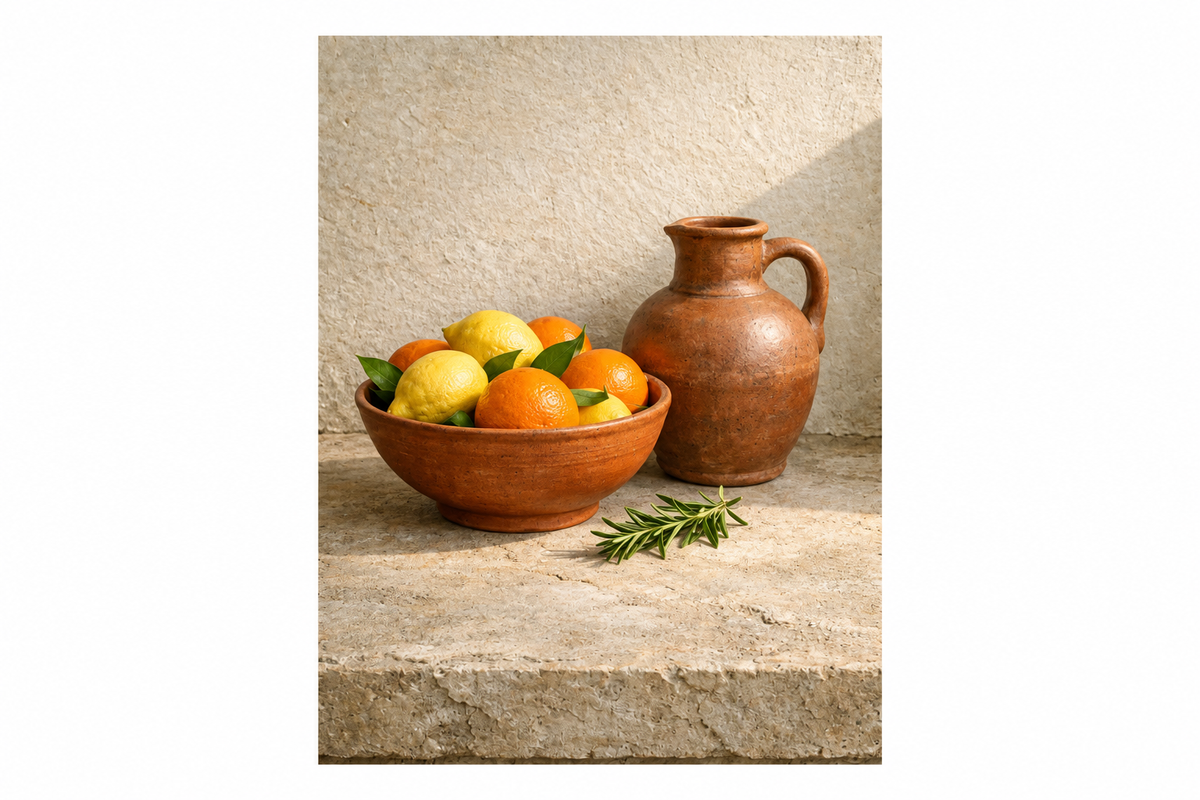 Portrait still life of lemons and oranges in a terracotta bowl beside a jug and rosemary on a pure white background - Portugal Canvas Co