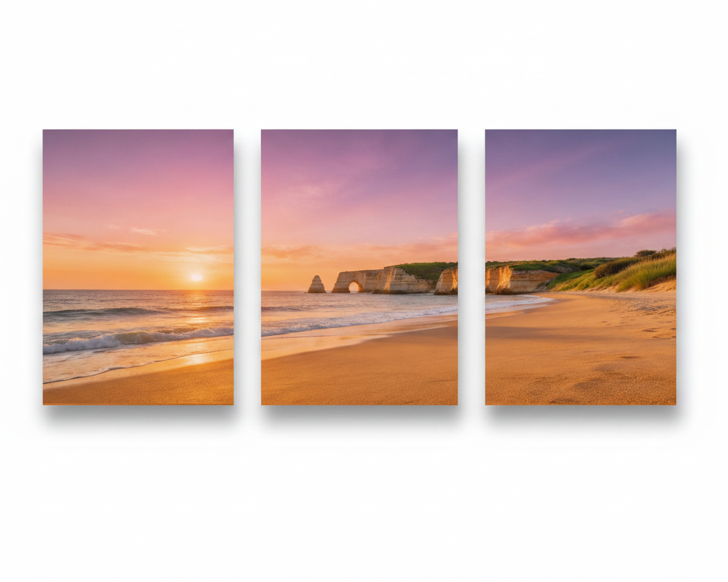 Algarve beach sunset triptych canvas wall art set of 3 portrait panels on white background showing golden ocean sunset, stone arch cliffs and sandy dunes under pink purple sky - Portugal Canvas Co