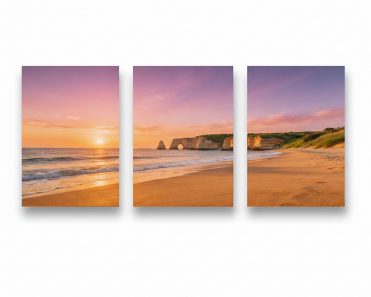 Algarve beach sunset triptych canvas wall art set of 3 portrait panels on white background showing golden ocean sunset, stone arch cliffs and sandy dunes under pink purple sky - Portugal Canvas Co
