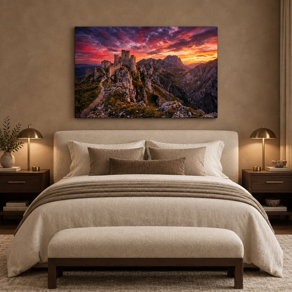 Mountain castle sunset canvas displayed above an ivory bed in a luxury taupe bedroom - Portugal Canvas Co
