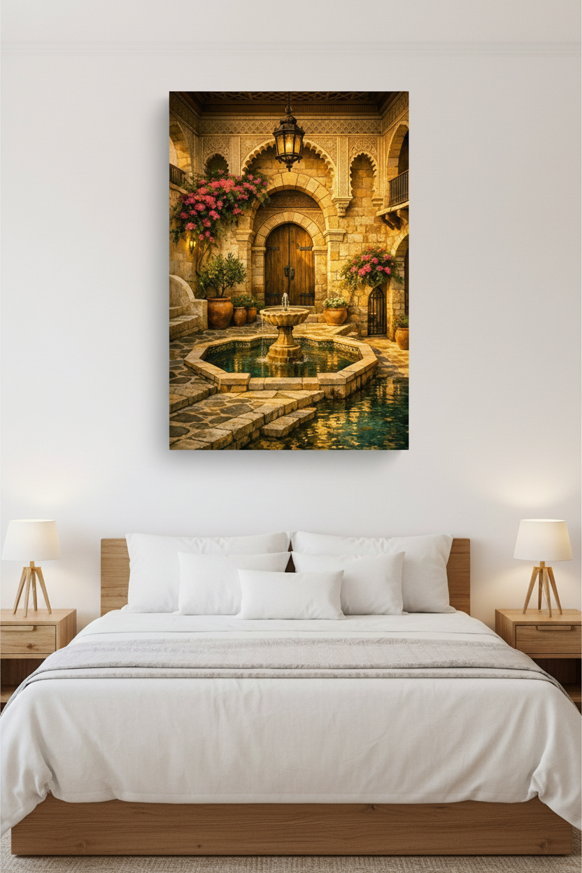 Moorish courtyard fountain canvas wall art displayed above a king-size bed with white linen in a luxury bedroom - Portugal Canvas Co