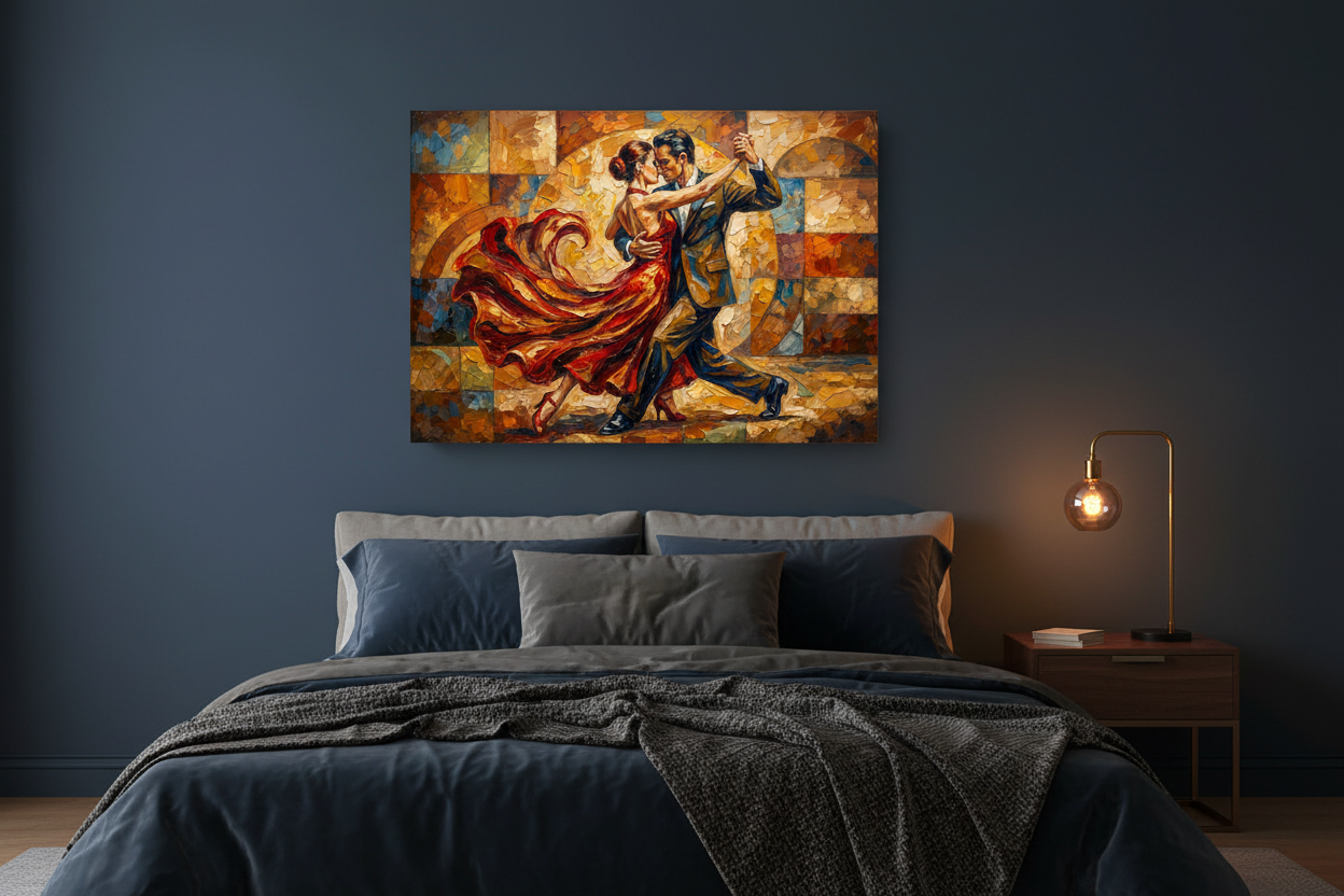 Fiery dance embrace tango couples canvas wall art on a navy blue wall in a dramatic moody bedroom with gold lamp - Portugal Canvas Co