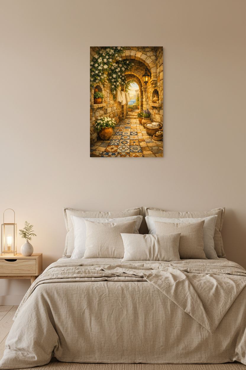 Mediterranean stone archway canvas wall art with jasmine flowers and lantern hung above a linen bed in an elegant Mediterranean bedroom - Portugal Canvas Co