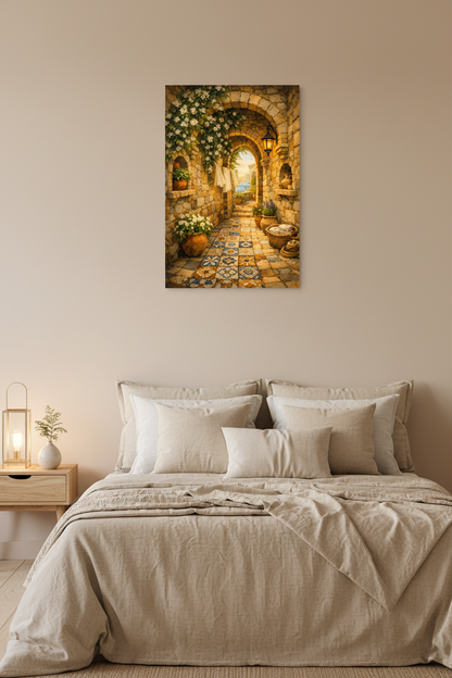 Mediterranean stone archway canvas wall art with jasmine flowers and lantern hung above a linen bed in an elegant Mediterranean bedroom - Portugal Canvas Co