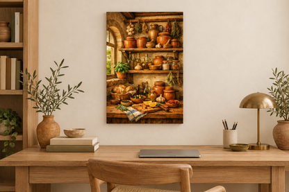 Mediterranean pantry still life canvas above an oak desk in a warm neutral home office - Portugal Canvas Co
