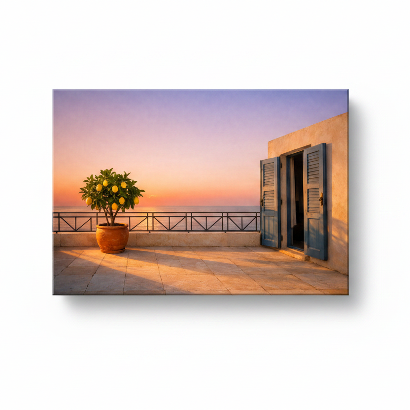 Mediterranean terrace with lemon tree and blue shutters at sunset canvas wall art on white background - Portugal Canvas Co