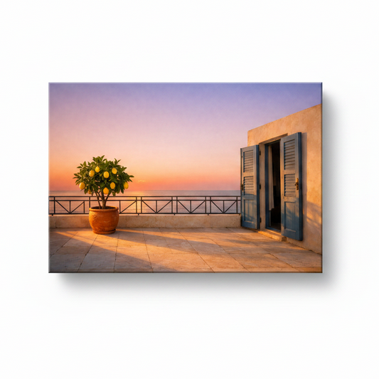 Mediterranean terrace with lemon tree and blue shutters at sunset canvas wall art on white background - Portugal Canvas Co