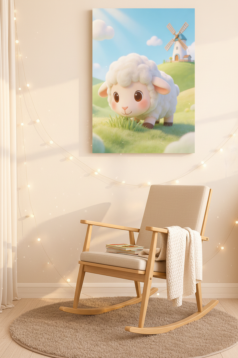 Cute baby lamb nursery canvas wall art above a rocking chair in a cozy nursery reading nook - Portugal Canvas Co