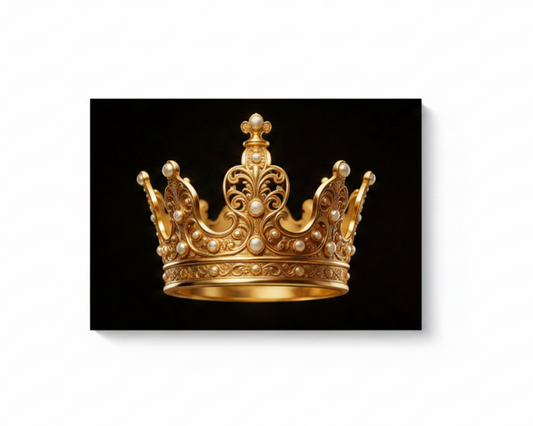 Ornate golden royal crown with pearl embellishments canvas wall art print on black background flat lay on white background - Portugal Canvas Co