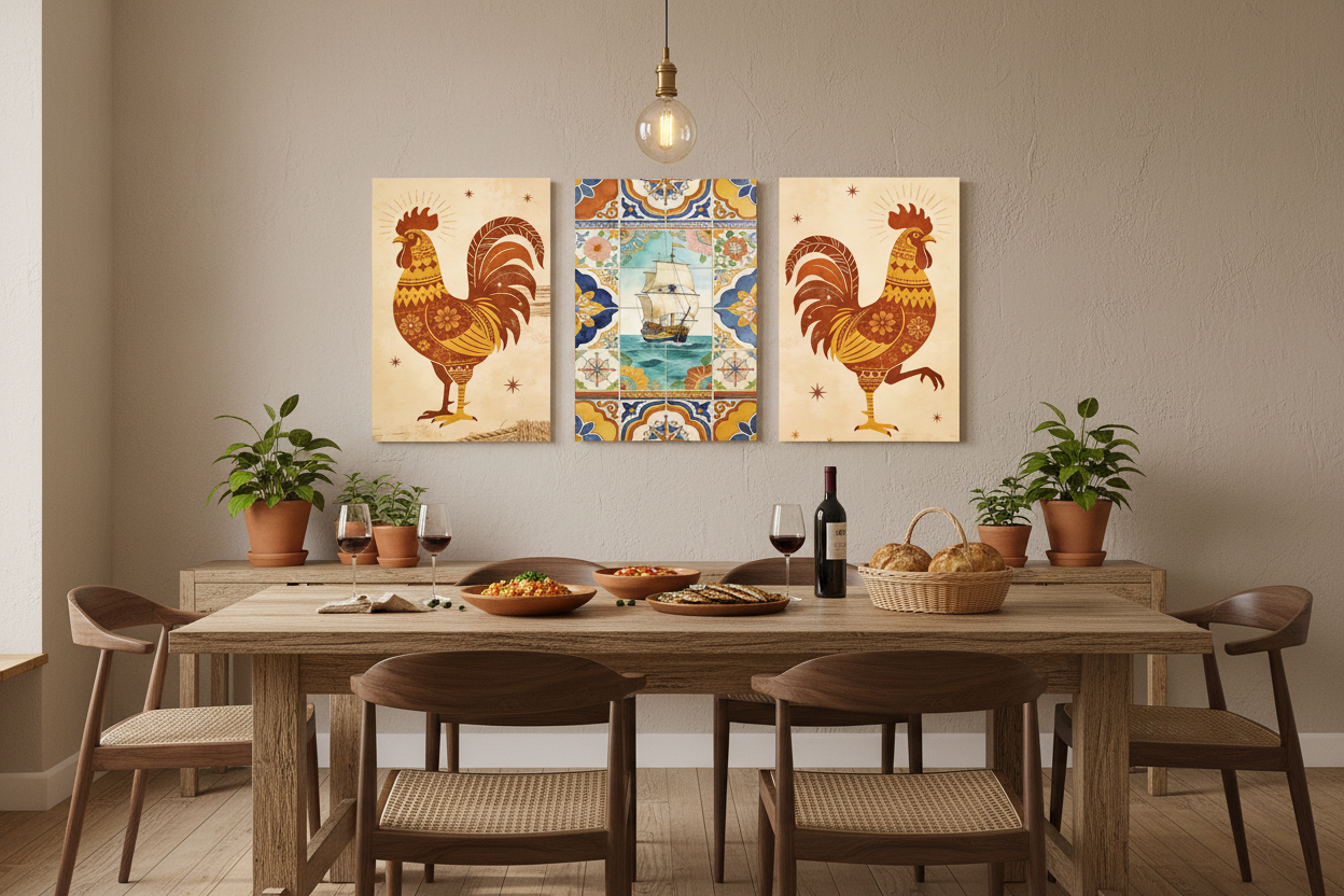 Galo de Barcelós rooster and tall ship Portuguese triptych canvas wall art set displayed in a warm rustic dining room interior - Portugal Canvas Co