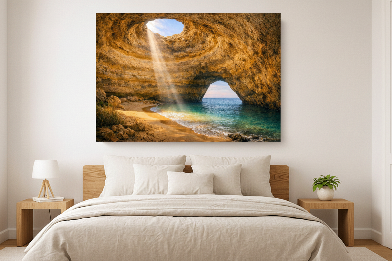 Benagil Cave interior sunlight beam Algarve coastal canvas wall art displayed above a bed in a bright minimalist bedroom - Portugal Canvas Co