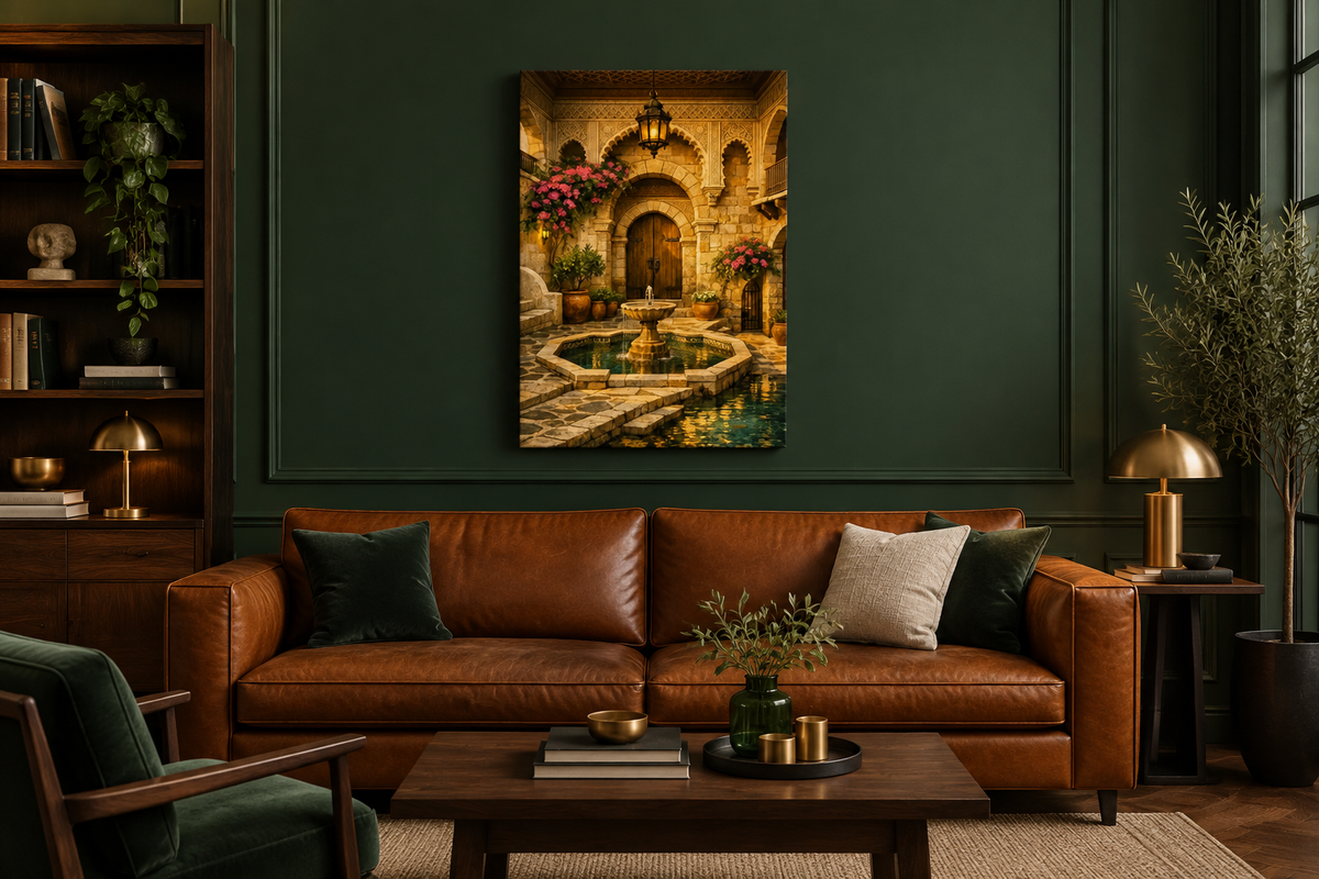 Moorish courtyard fountain canvas above cognac sofa against forest green wall - Portugal Canvas Co