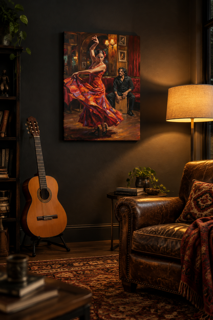 Flamenco dancer and cajon musician canvas wall art on a charcoal wall beside a classical guitar and leather armchair in a warmly lit music room - Portugal Canvas Co