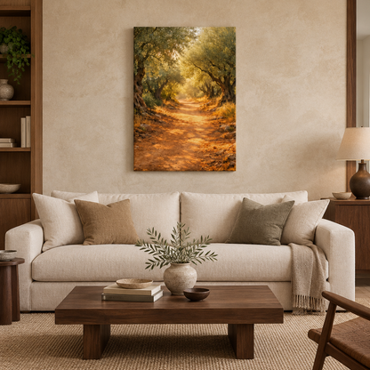 Sunlit olive grove path canvas above a cream sofa in a luxury living room - Portugal Canvas Co