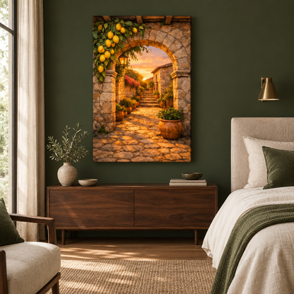 Mediterranean sunset lemon courtyard canvas displayed in a forest green bedroom - Portugal Canvas Co