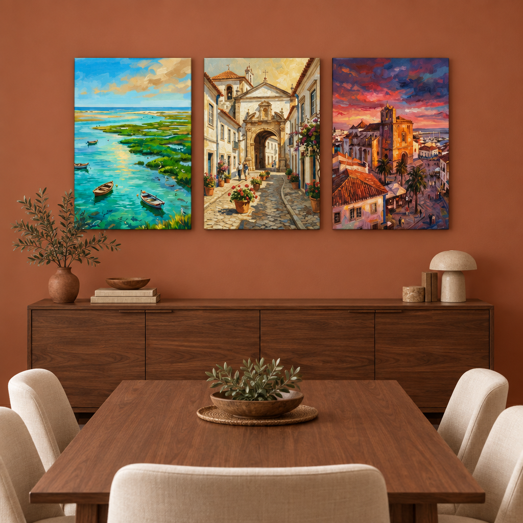 Faro three-panel canvas set with lagoon boats, an old town arch and sunset church in a terracotta dining room - Portugal Canvas Co