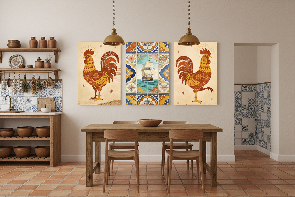 Galo de Barcelós rooster and tall ship Portuguese triptych canvas wall art set displayed in a warm rustic Portuguese kitchen interior - Portugal Canvas Co