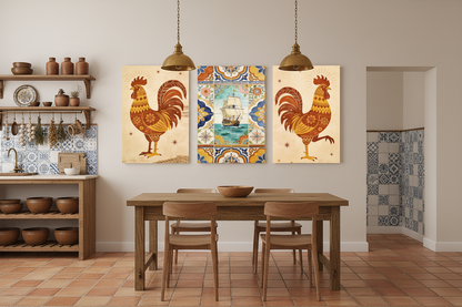 Galo de Barcelós rooster and tall ship Portuguese triptych canvas wall art set displayed in a warm rustic Portuguese kitchen interior - Portugal Canvas Co