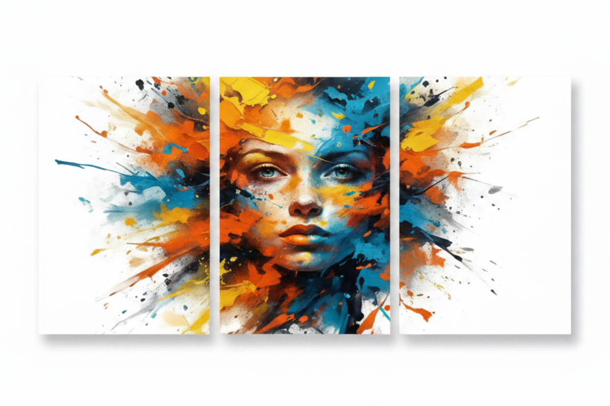 Abstract female portrait triptych canvas set with orange teal and yellow paint splashes, three panels flat lay on white background - Portugal Canvas Co