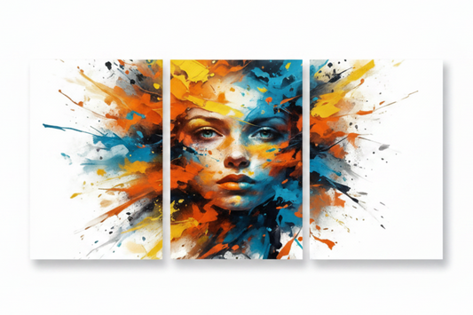 Abstract female portrait triptych canvas set with orange teal and yellow paint splashes, three panels flat lay on white background - Portugal Canvas Co