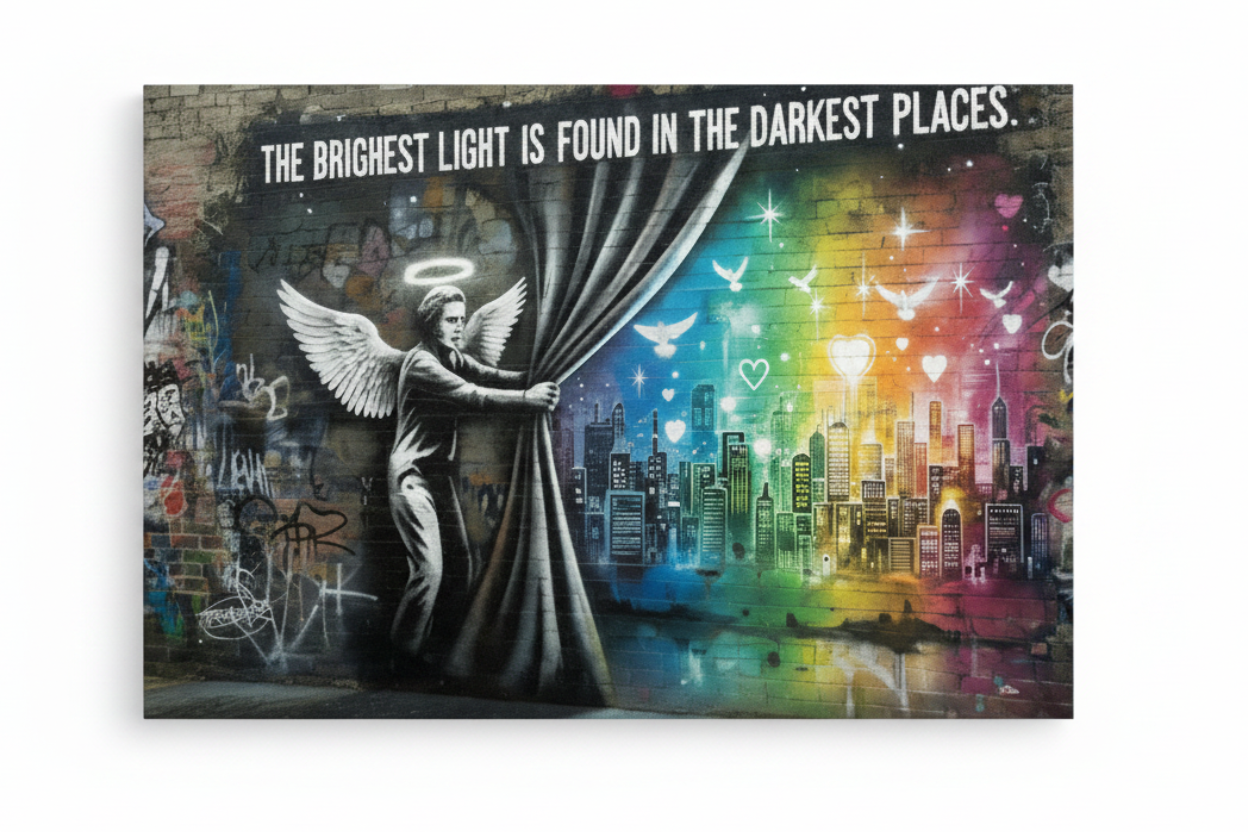 The Brightest Light graffiti angel Banksy-style canvas print laid flat on white background - Portugal Canvas Co