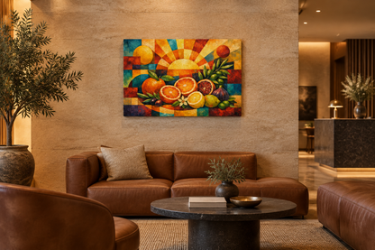 Citrus Sunrise geometric fruit gallery-wrapped canvas above leather seating in a boutique hotel lobby - Portugal Canvas Co