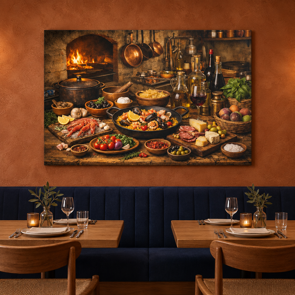 Mediterranean rustic feast canvas in a terracotta restaurant dining room with navy seating - Portugal Canvas Co