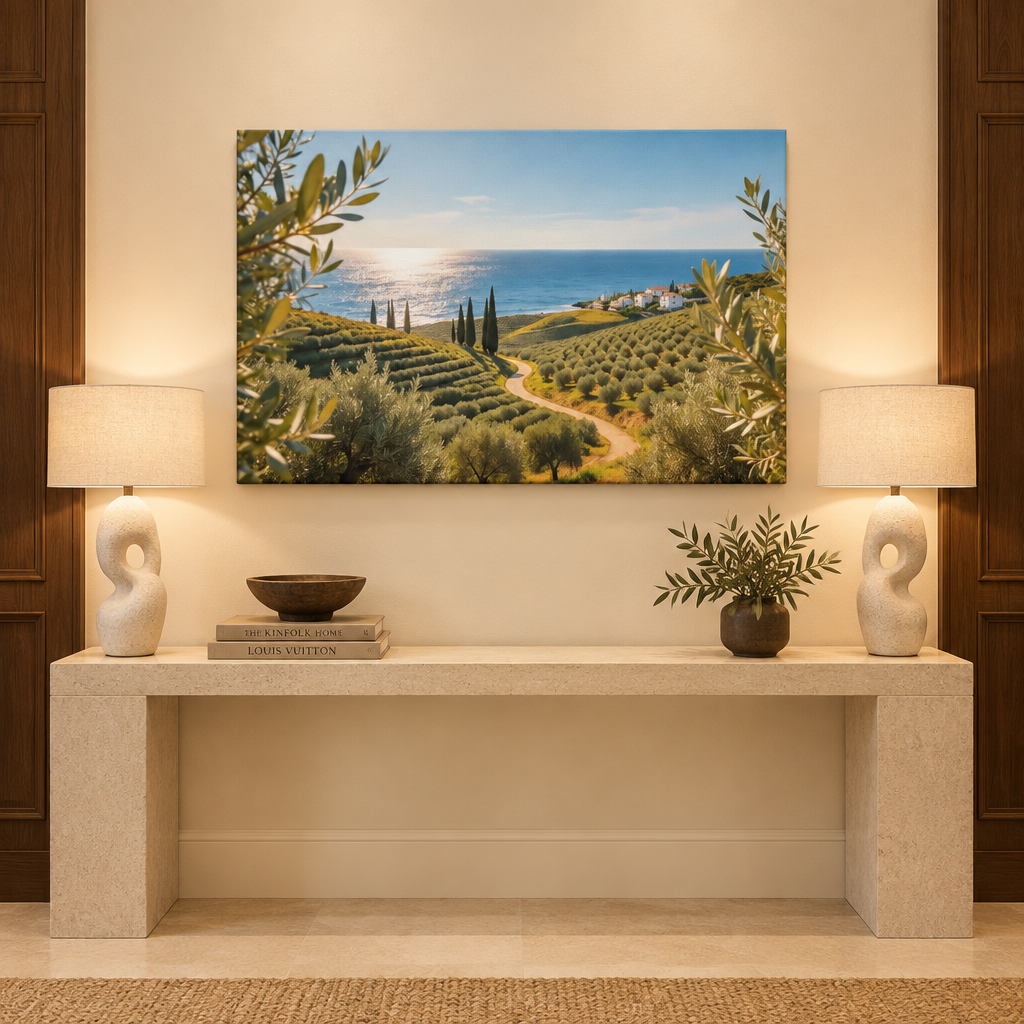 Mediterranean olive grove coastal landscape canvas above a stone console in an ivory entryway - Portugal Canvas Co
